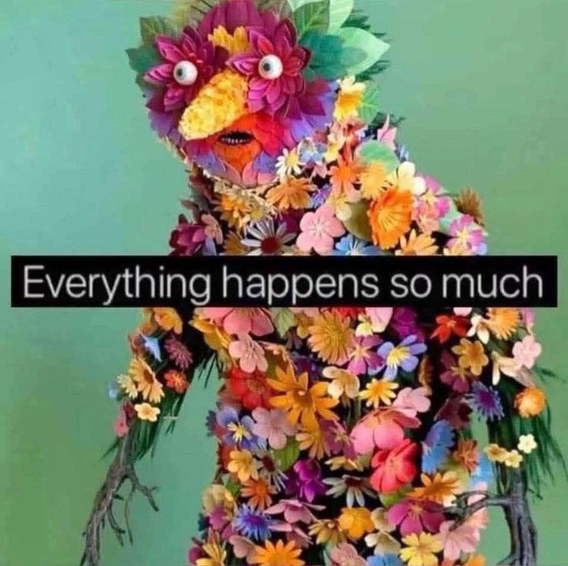 Flower costume creature with meme text