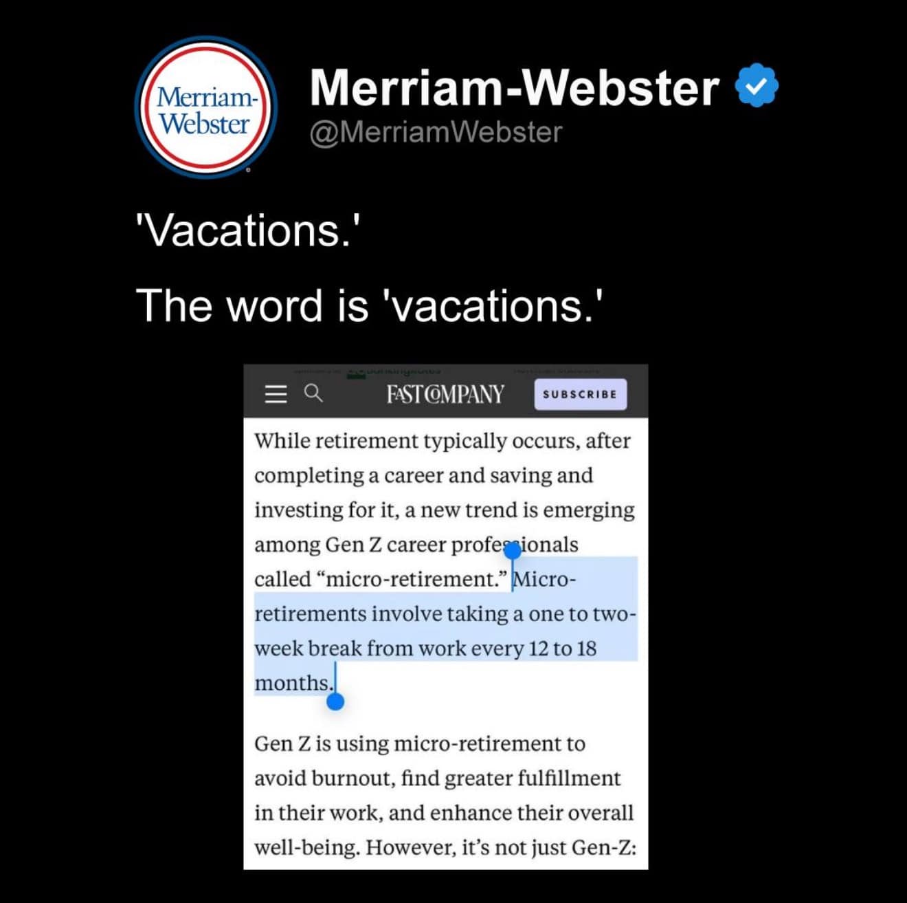 'Vacations.' The word is 'vacations.'