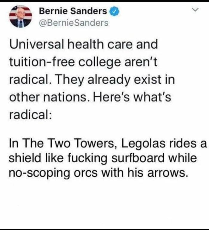 Bernie Sanders parody tweet about Legolas