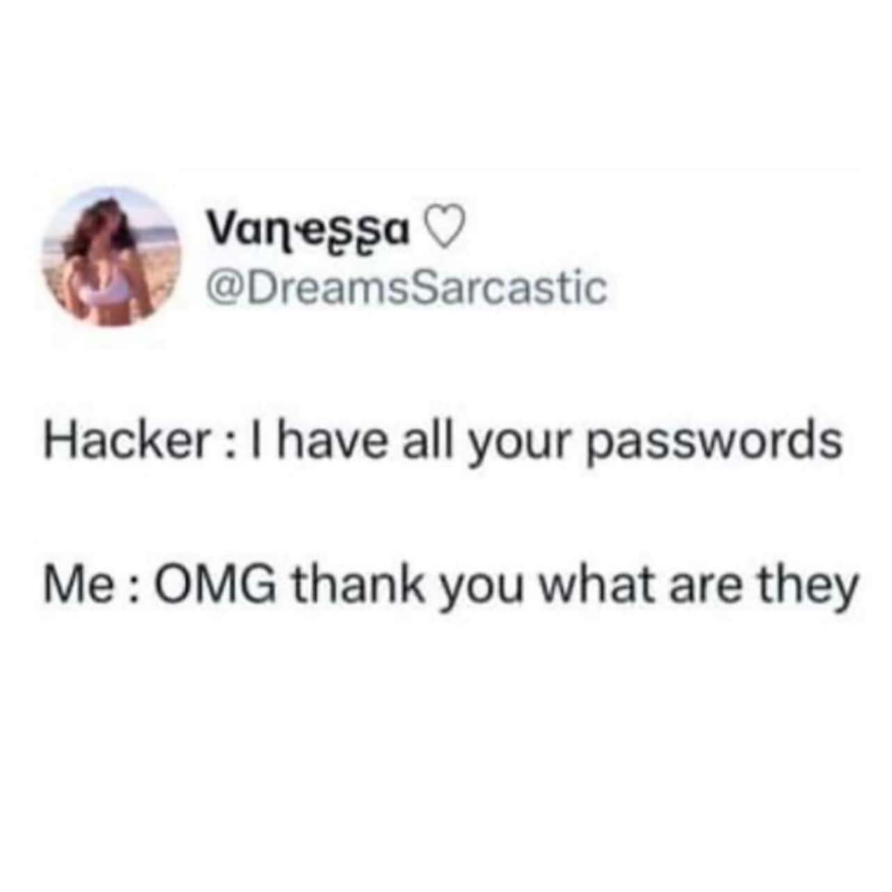 Vanessa O @DreamsSarcastic Hacker: I have all your passwords Me: OMG thank you what are they