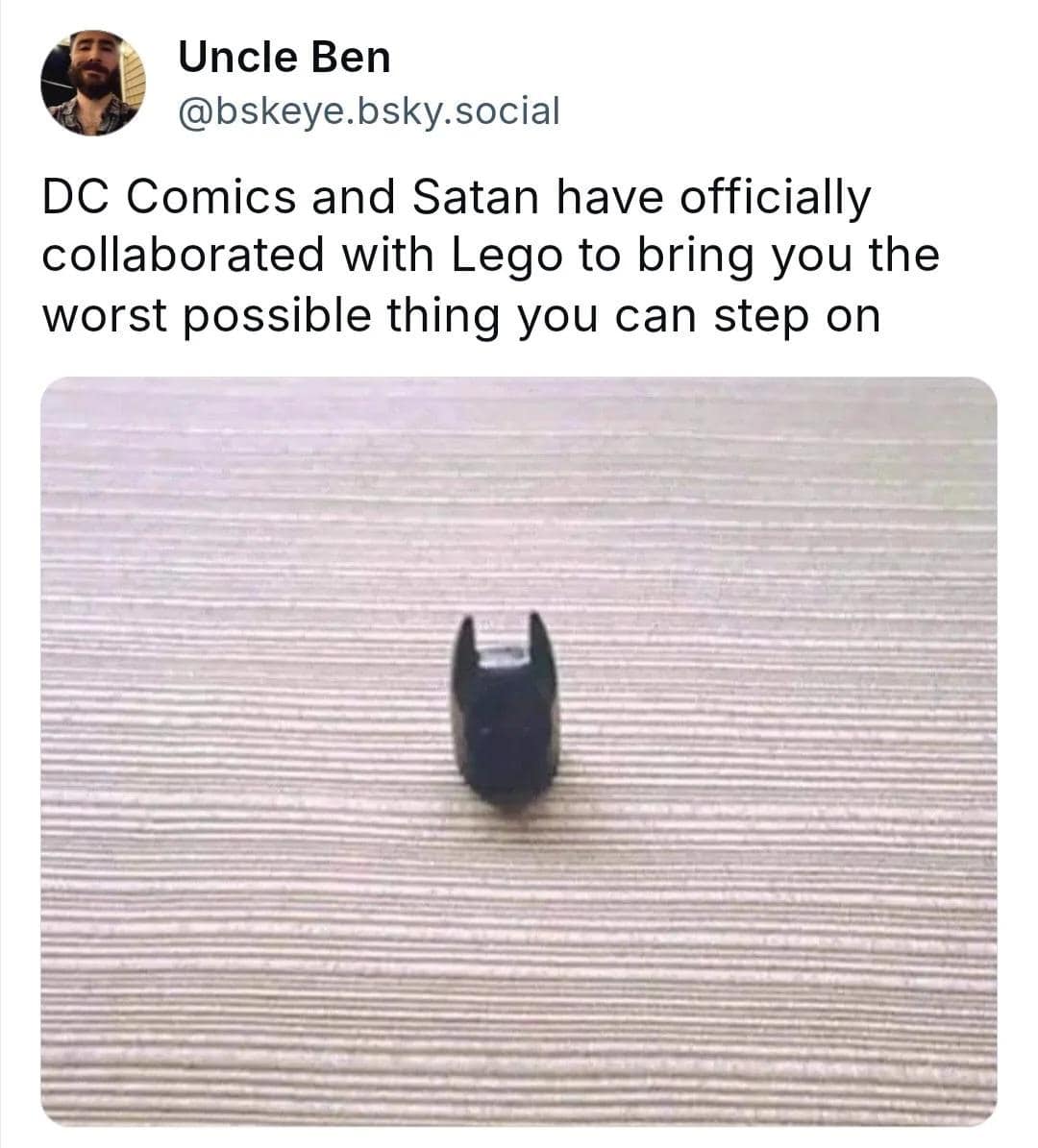 Tweet about Lego Batman piece as worst thing to step on.