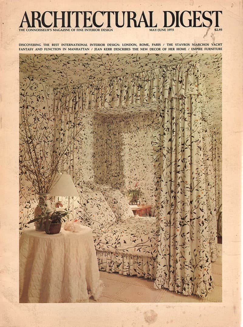 Vintage canopy bedroom from Architectural Digest with floral pattern overload