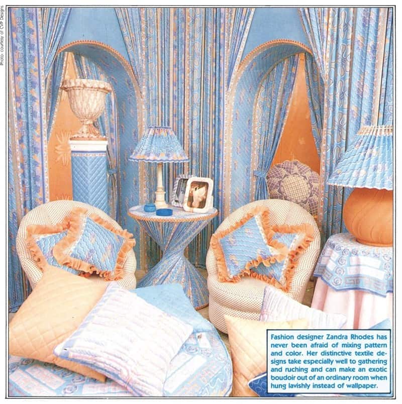 Zandra Rhodes inspired retro boudoir with blue and peach textile patterns