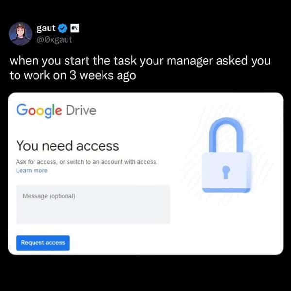 Screenshot of Google Drive access error with meme caption about old task