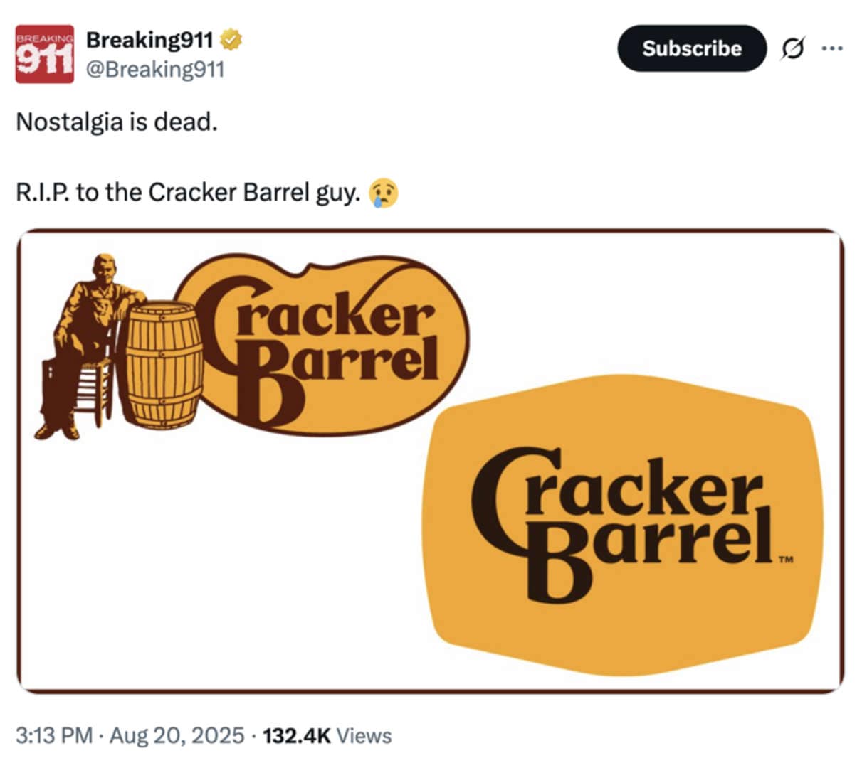 Breaking911 tweet saying “Nostalgia is dead” with RIP to the Cracker Barrel logo man; before and after logos shown.