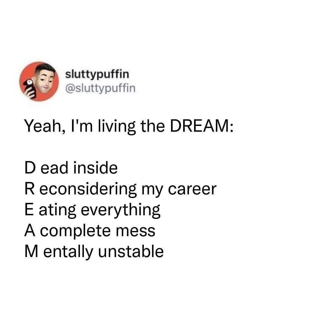 A tweet redefines the word "DREAM" into a dark acronym, poking fun at the struggles of adult life—a theme often seen in vintage memes.