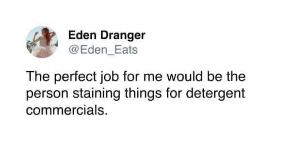 Tweet says the perfect job would be being the person who stains things for detergent commercials.