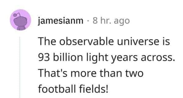 Reddit-style comment explains the universe is 93 billion light-years wide — “that’s more than two football fields!” — in a perfectly absurd classic meme comparison.