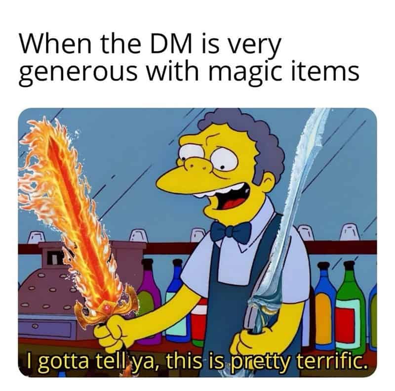 oe Szyslak grinning while holding a flaming sword and an icy blade.