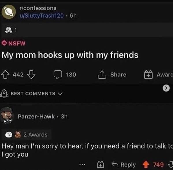Reddit confession about mother’s affairs met with cheeky supportive reply.