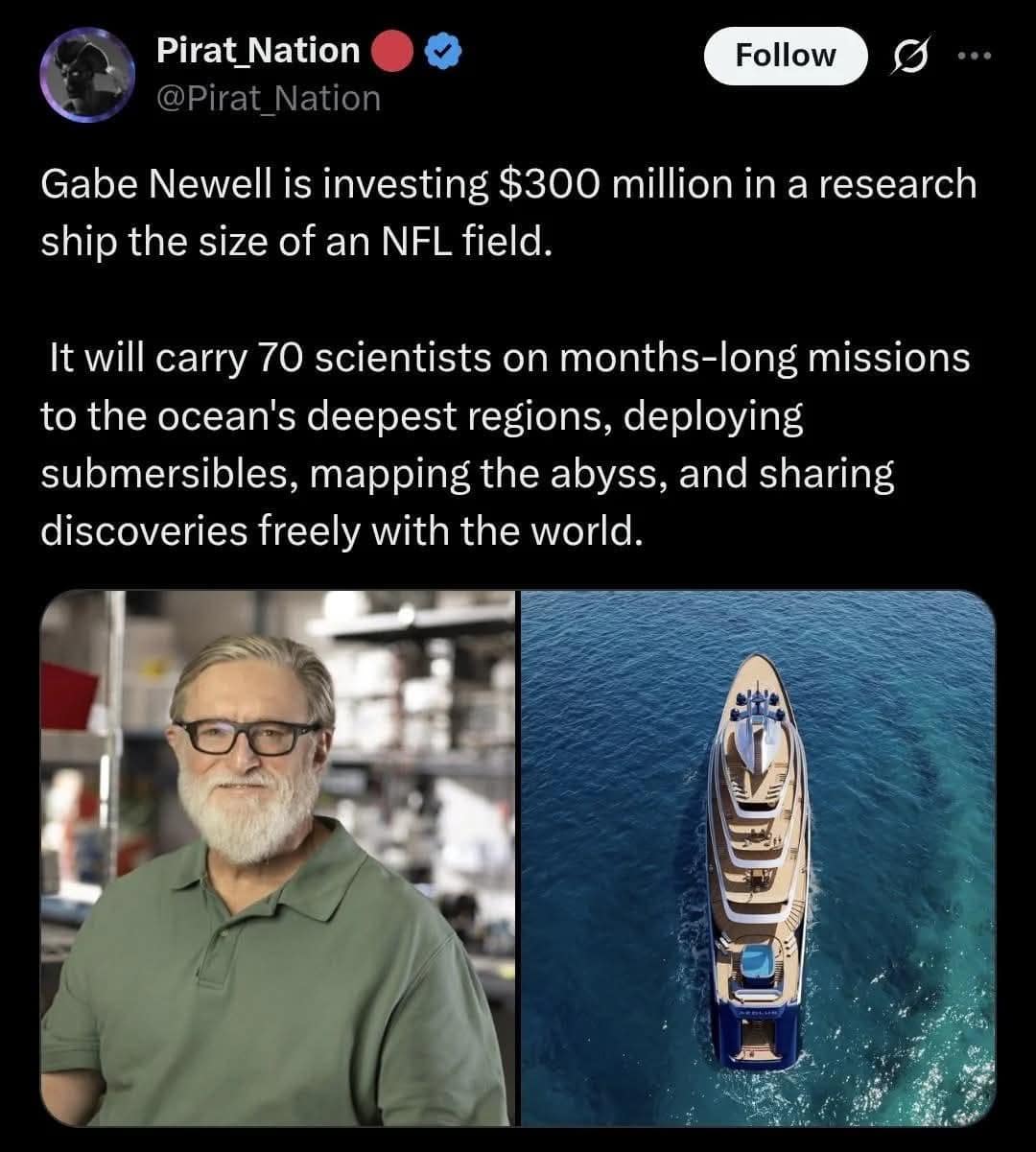 Tweet showing Gabe Newell and a large yacht, detailing his $300 million ocean research investment.