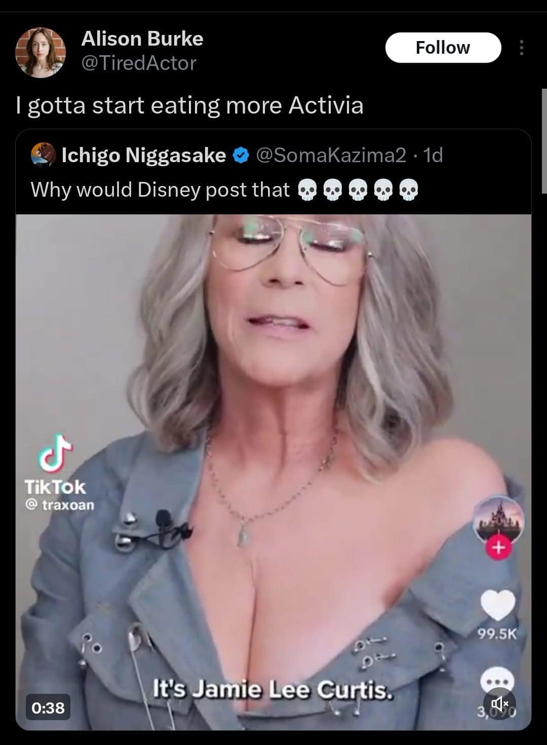 A funny meme and tweet using Jamie Lee Curtis to make a joke about eating Activia yogurt.
