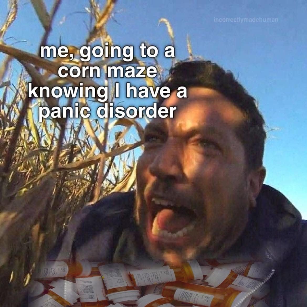 A funny meme about going to a corn maze despite having a panic disorder.