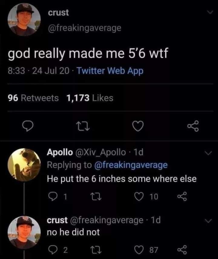 A hilarious Twitter thread where a user complains about being 5'6" and then denies having other assets.