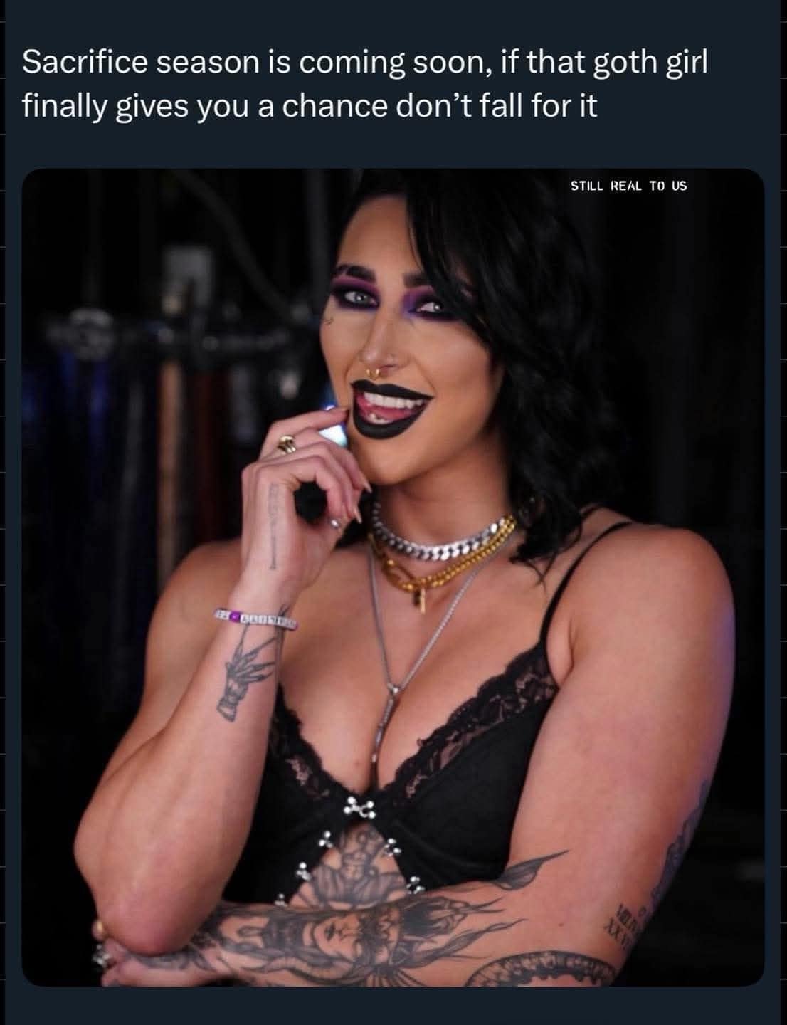 A funny pic of a meme warning people about "sacrifice season," featuring WWE star Rhea Ripley.