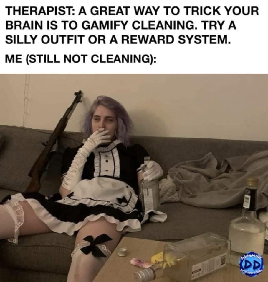 Person in maid outfit sitting on messy couch with alcohol bottles, embodying ironic take on gamifying chores