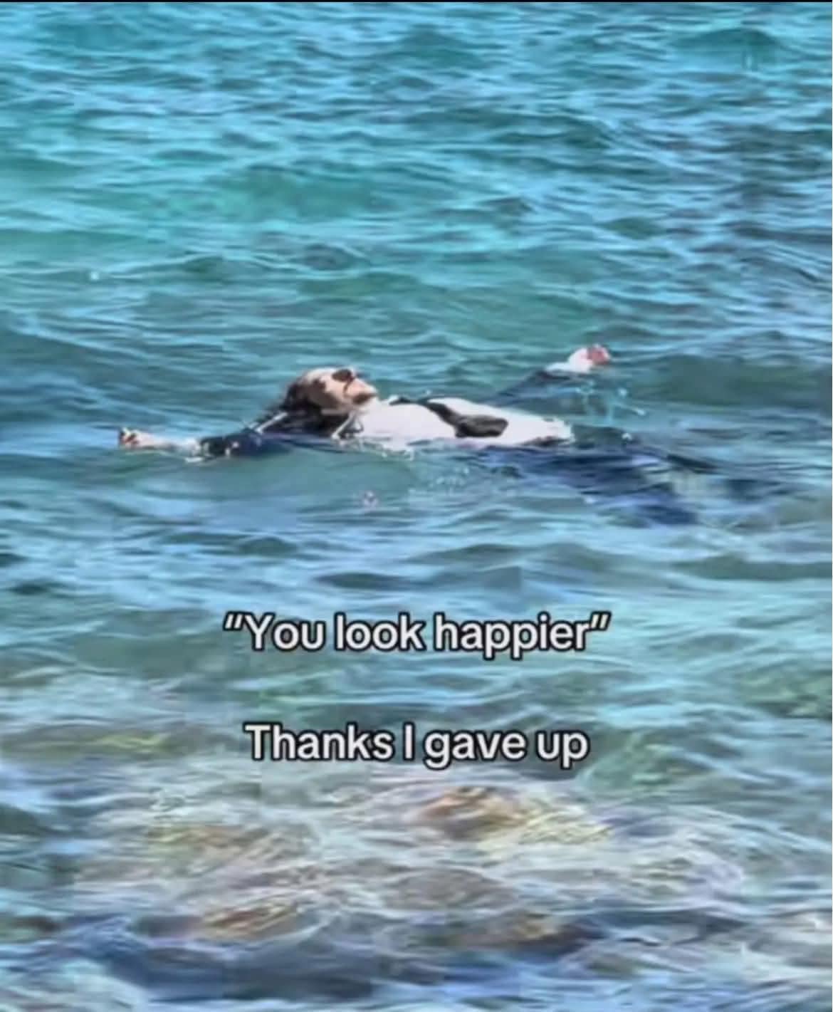 A funny pic of a person floating in the ocean with the caption "Thanks I gave up."