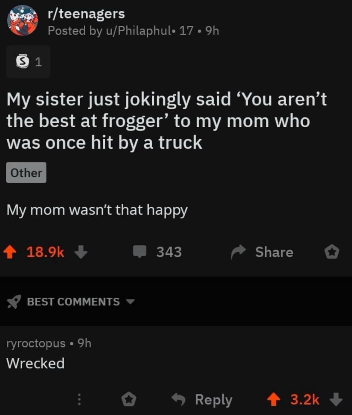 Reddit post joke comparing mom getting hit by truck to losing at Frogger
