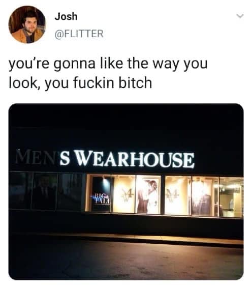 A funny pic where burned-out lights on a Men's Wearhouse sign create a threatening message.