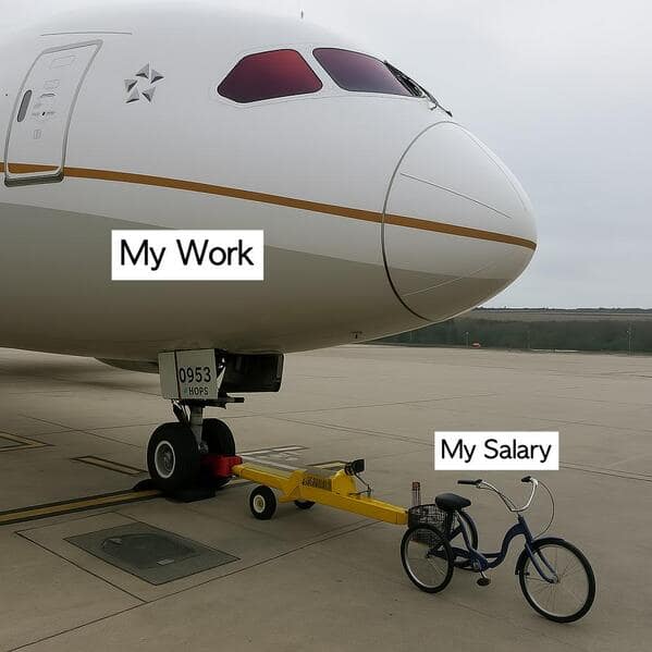 Meme showing tiny tricycle labeled “My Salary” pulling a jumbo jet labeled “My Work”