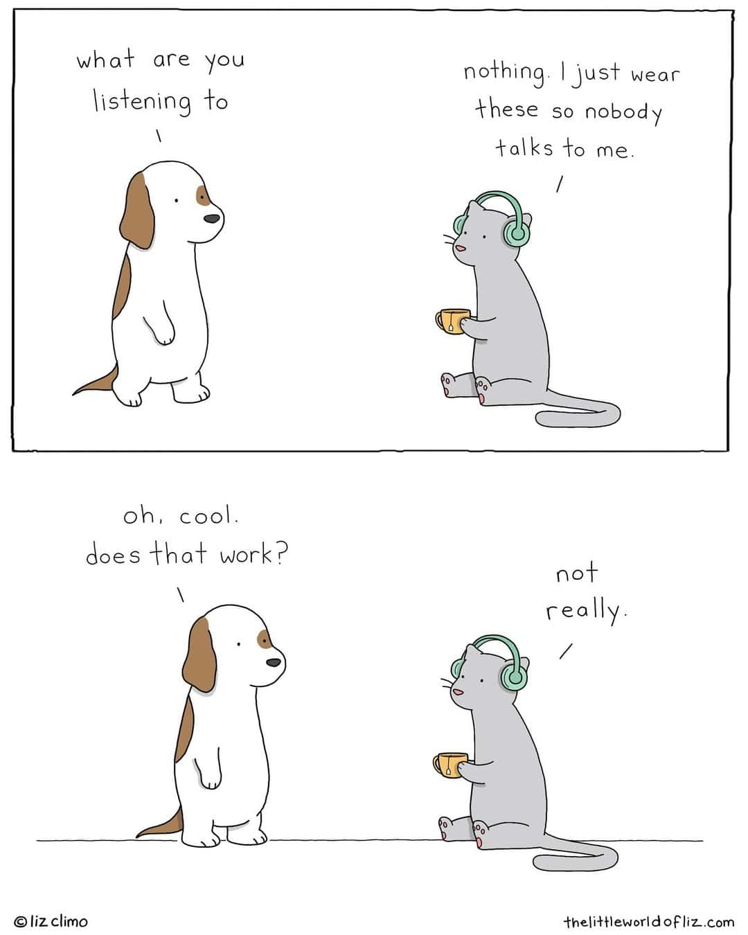 A funny Liz Climo comic about an introvert cat wearing headphones to avoid conversation.