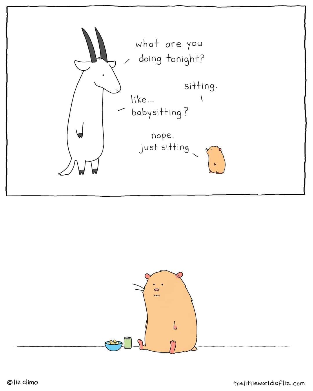 A funny Liz Climo comic about a hamster's big plans for the night, which is just sitting.