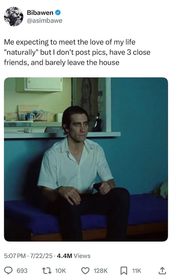 tweet meme dump image showing a man sitting on a bed looking disappointed, with text about hoping to find love while being socially inactive