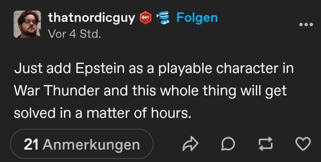 reddit-style meme dump post suggesting adding Epstein as a playable character in War Thunder to crowdsource solving his case