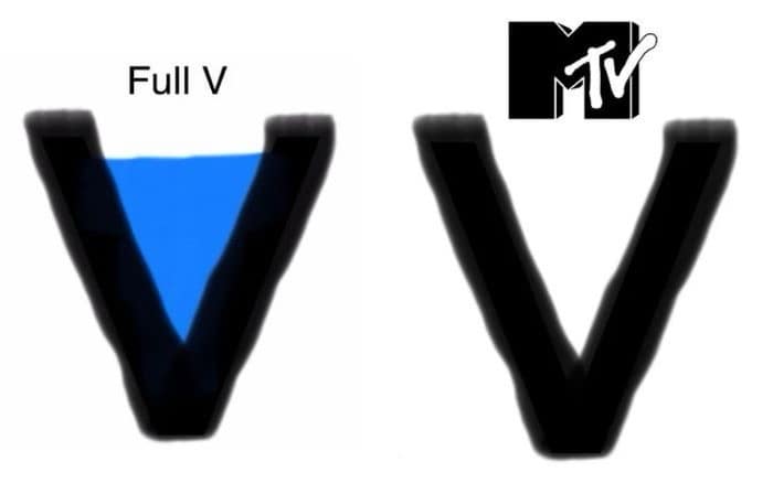 visual meme dump post showing the difference between a “full V” filled with blue and an empty MTV-style V next to it
