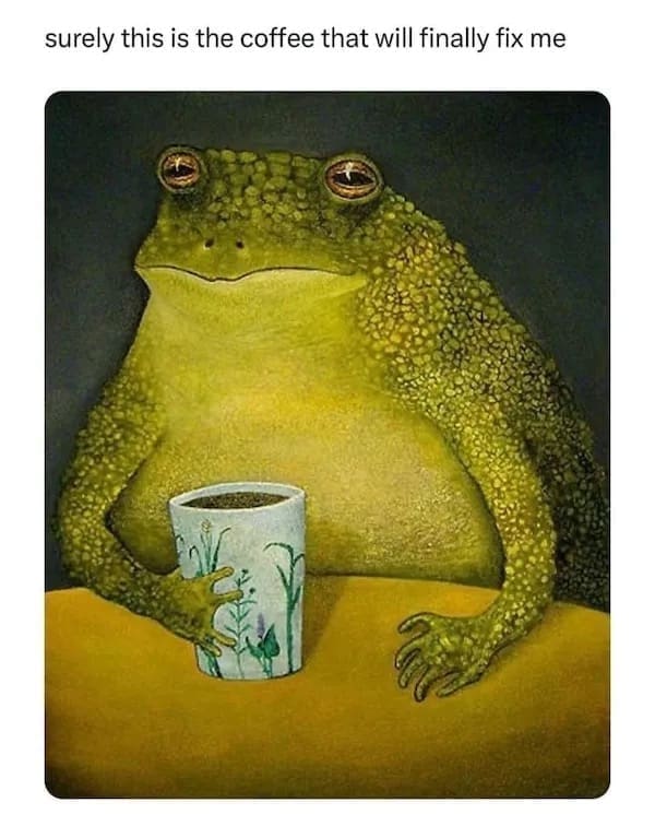 Frog with tired eyes holding a mug of coffee, caption says “surely this is the coffee that will finally fix me.”
