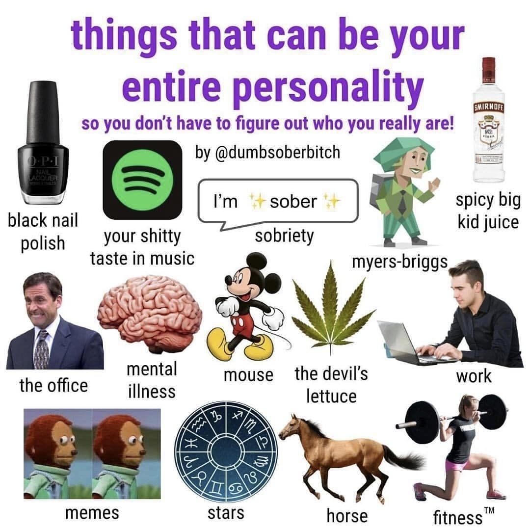 Collage titled “things that can be your entire personality,” showing objects like nail polish, Mickey Mouse, weed, and fitness.
