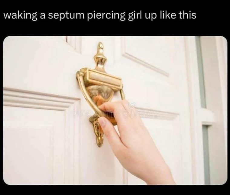 A photo of someone using a door knocker, captioned “waking a septum piercing girl up like this.”