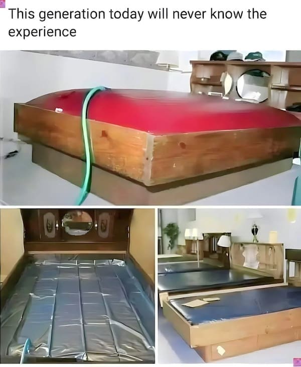 Collage of retro waterbeds with vinyl bladders in wooden frames.