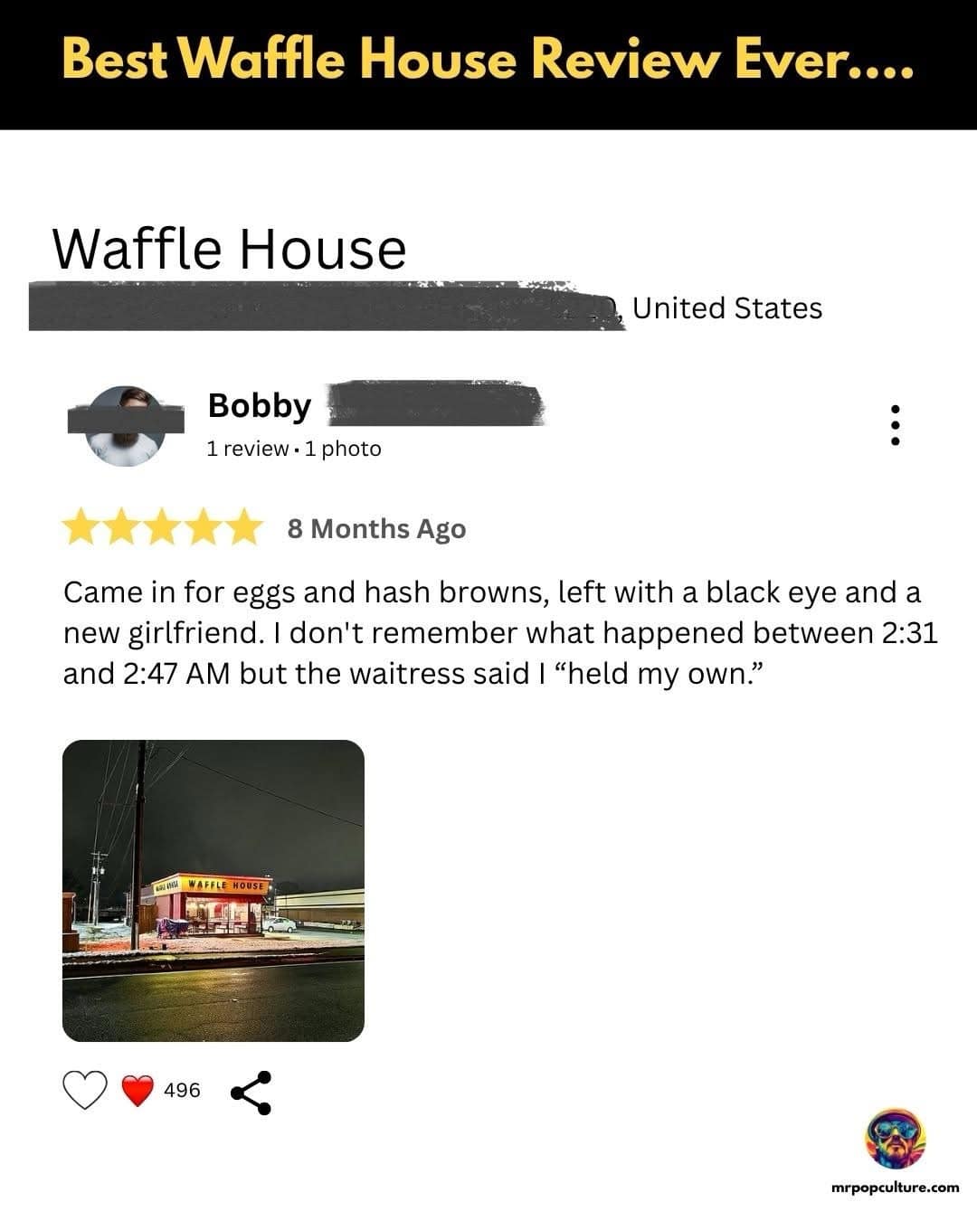 Funny Waffle House review about leaving with black eye and new girlfriend.