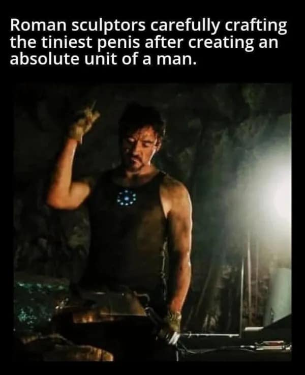 Blacksmith forging scene used for joke about Roman sculptors making tiny anatomy