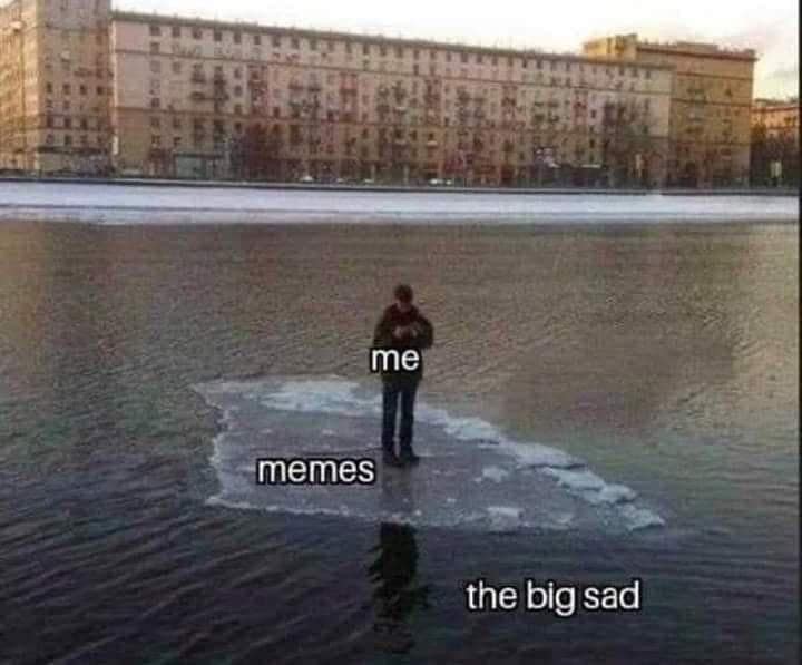 Labeled photo of man standing on small ice patch in water, supported by memes.