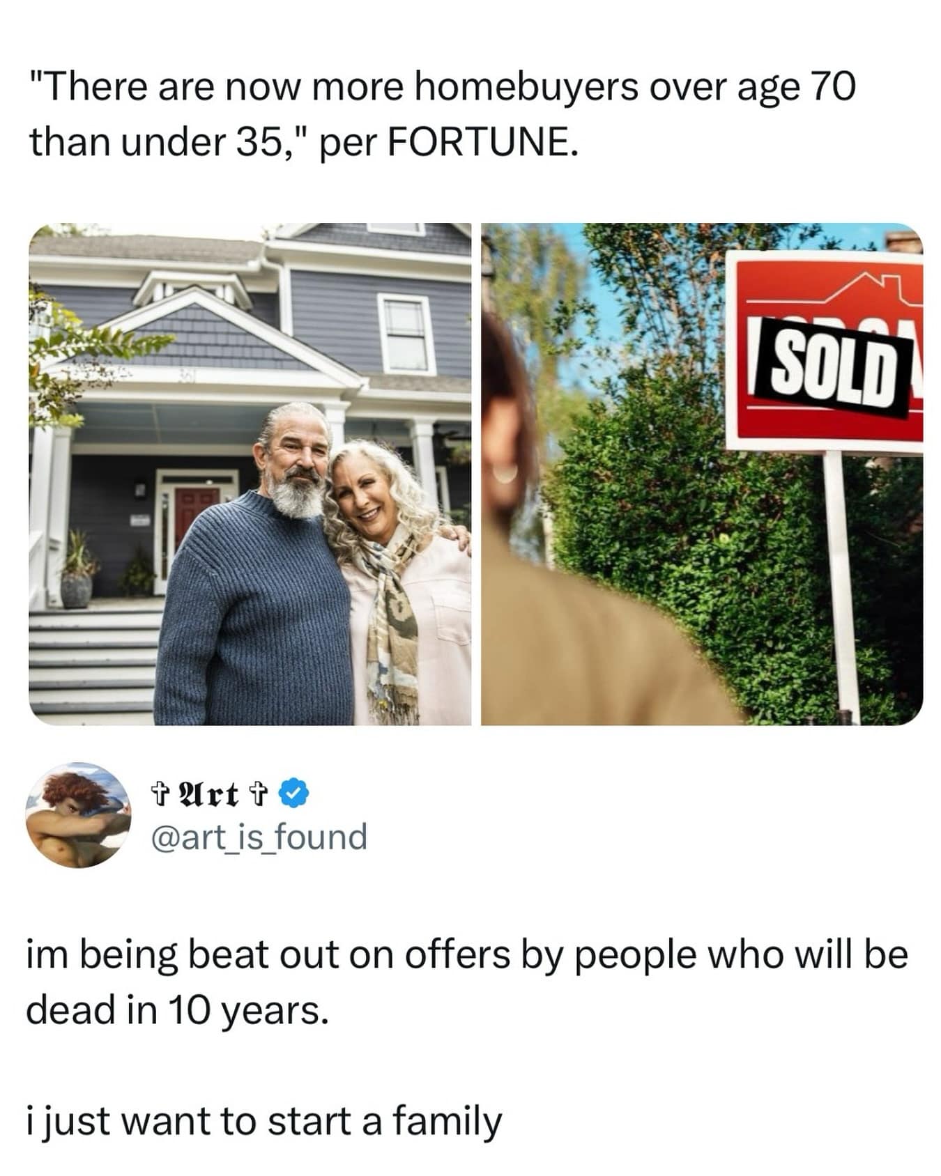 Tweet about more homebuyers over 70 than under 35 with SOLD sign photo