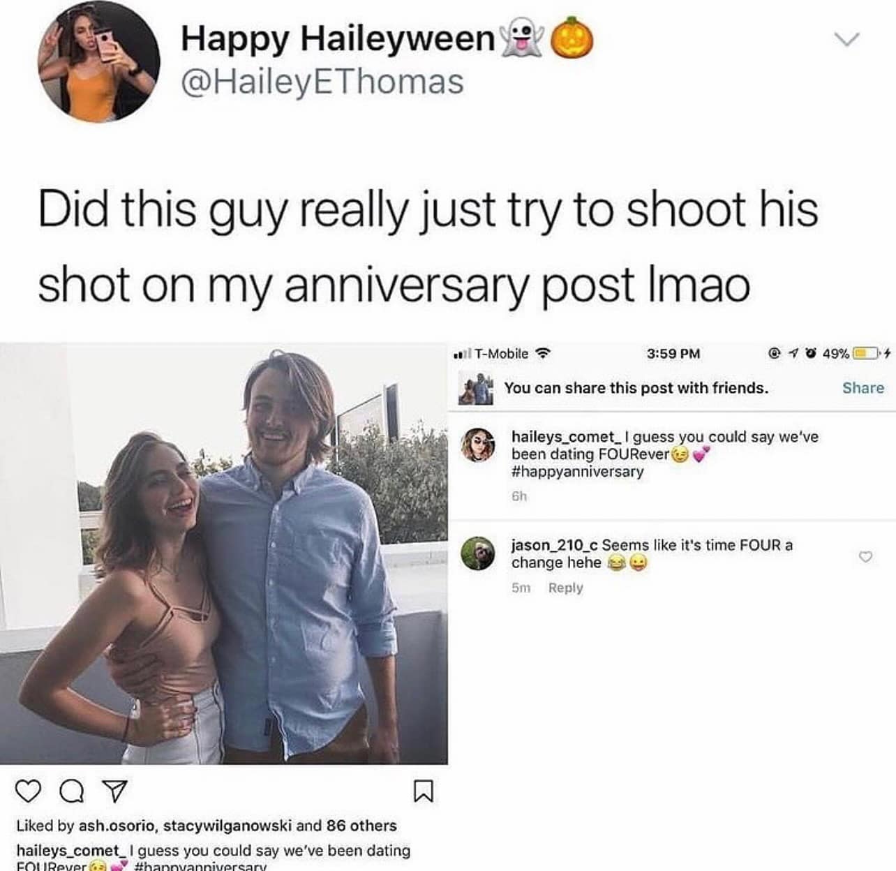 Guy tries to shoot his shot in comments on anniversary post; pun about ‘FOUR