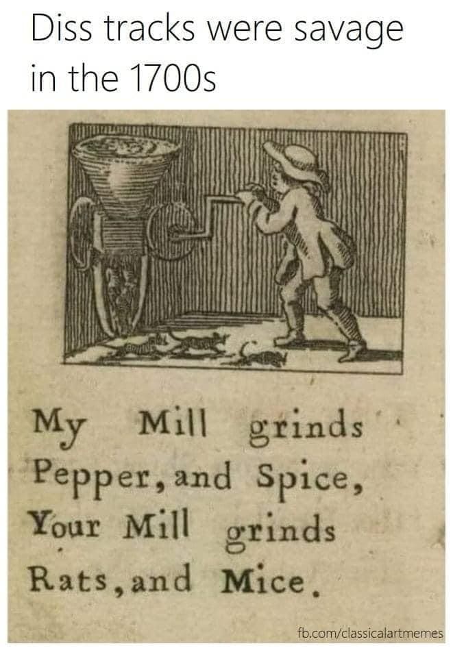 Old woodcut of miller turning crank with rhyme about rival’s mill.