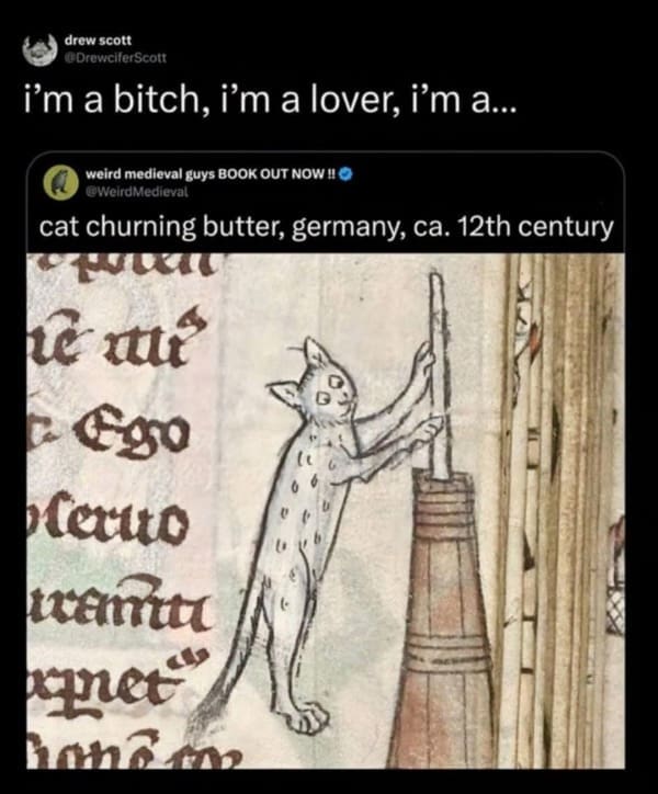 Medieval manuscript drawing of a cat churning butter by barrel.