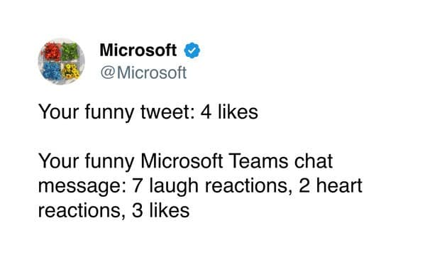 Tweet from Microsoft comparing Twitter likes to Teams chat reactions.