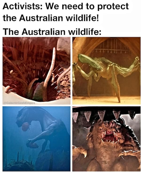 Collage meme: “Protect Australian wildlife” vs four frames of terrifying Star Wars-style monsters (Sarlacc, Rancor, etc.).