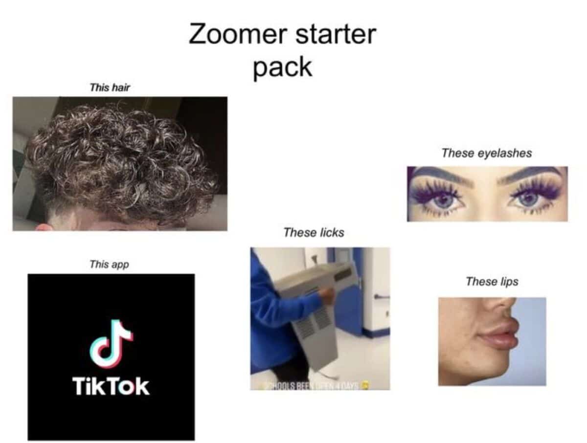 A starter pack meme making fun of common Gen Z or "Zoomer" trends and stereotypes.