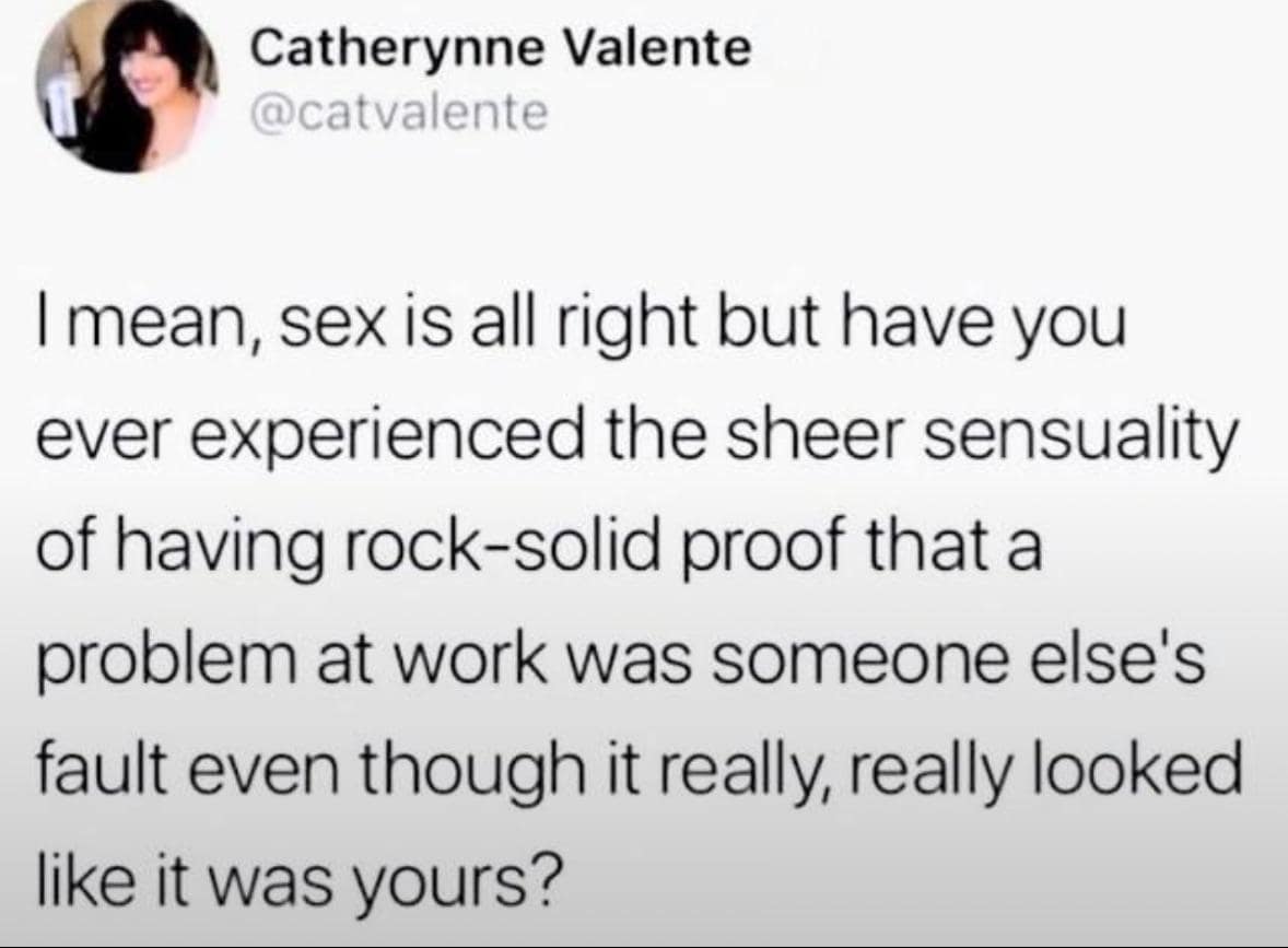 Tweet by Catherynne Valente marveling over the satisfaction of proving a work problem wasn’t your fault.