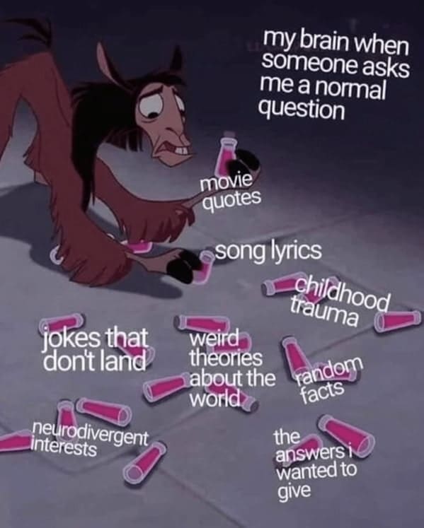 Cartoon character Kuzco frantically picking up labeled pink vials scattered on the ground.