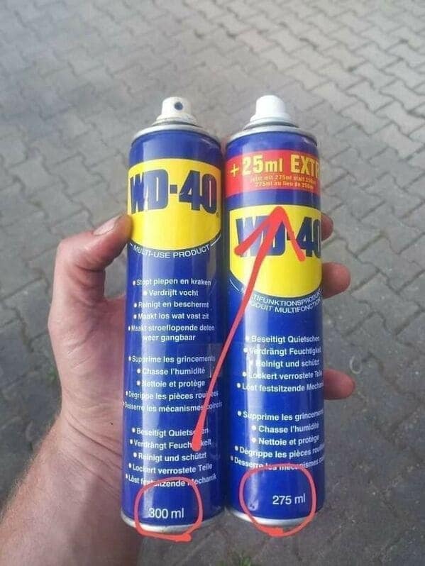 A shrinkflation example where a smaller can of WD-40 is deceptively labeled as having extra volume.