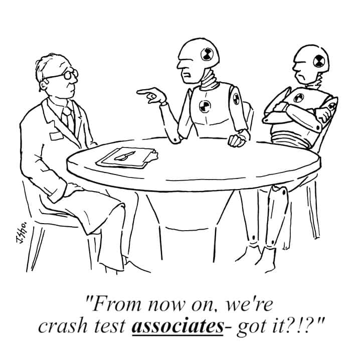 Crash-test dummies in a meeting correct the manager: “From now on, we’re crash test associates—got it?!?”