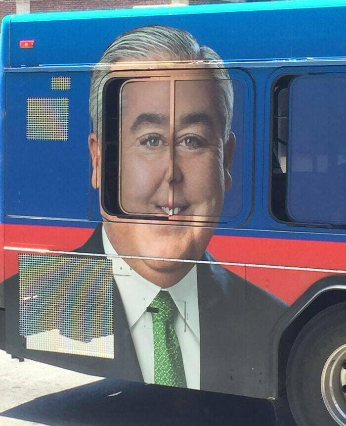 One of the worst ads due to a bus window placement that hilariously distorts a man's face.