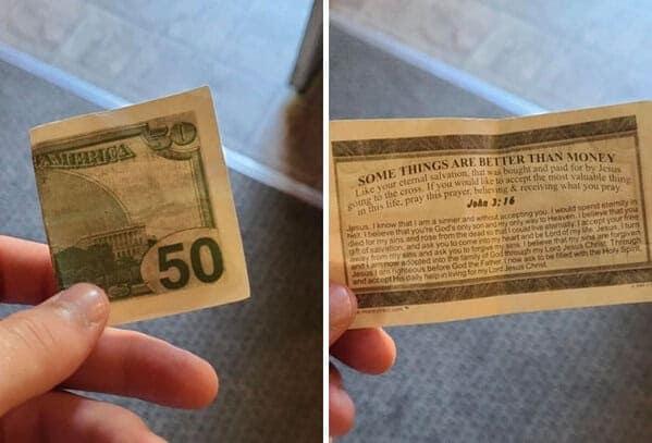 One of the worst server tips, a fake fifty-dollar bill that is actually a religious tract.