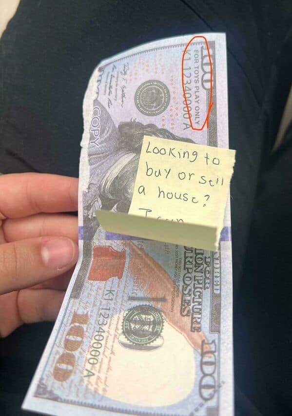 One of the worst server tips where a customer left play money with a realtor's business card.